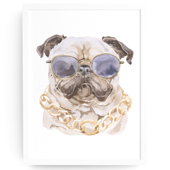 Watercolor Pug Pet Dog With Sunglasses Wall Art Illustration Print Poster Card U - Picture 2 of 7